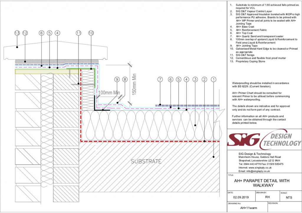 parapet detail with walkway to warm roof - liquid waterproofing on refurbishment projects