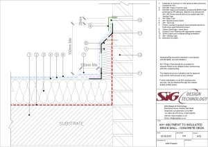 AH+ liquid waterproofing: abutment to insulated brick wall detail to warm roof - liquid waterproofing on refurbishment projects